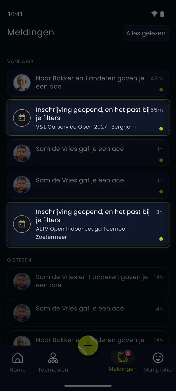 De meldingen: de inschrijving is open voor twee toernooien die bij de filters passen