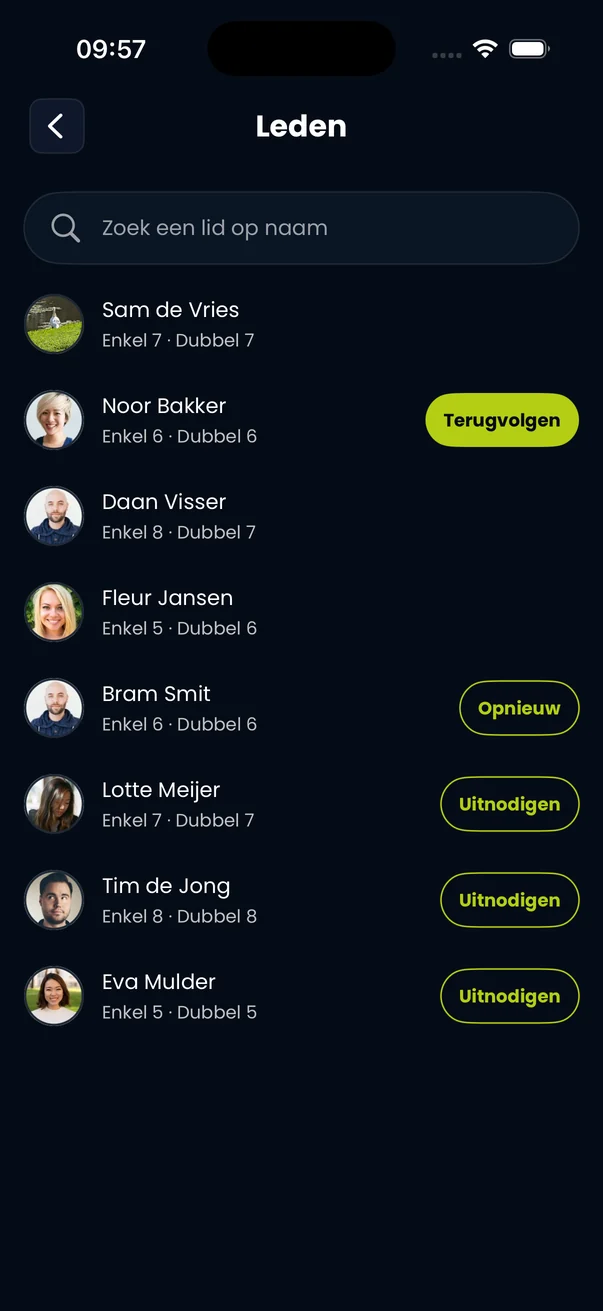 Club members with ratings and follow buttons