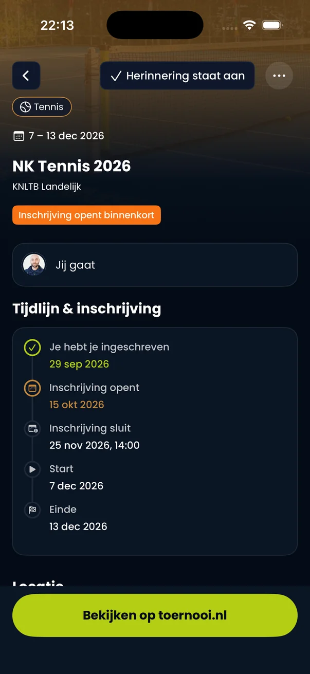 Een toernooi met de herinnering aan en de inschrijvingstijdlijn