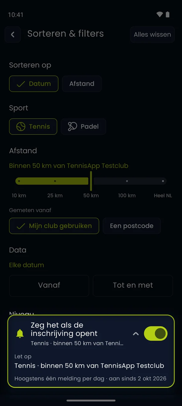 De toernooifilters met 'zeg het als de inschrijving opent' aan